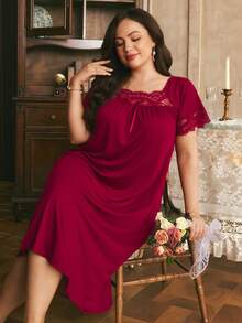 Côtesoire Comfortable Knitted Ribbed Casual Home Lace Patchwork Minimalist Long Loose Plus Size Nightgown - Burgundy - View 3