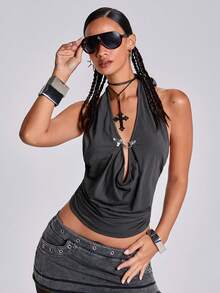 ACID BLVD Women's Summer Y2K Metal Airplane Buckle Deep V Ruffle Draped Neck Tank Top - Grey - View 4