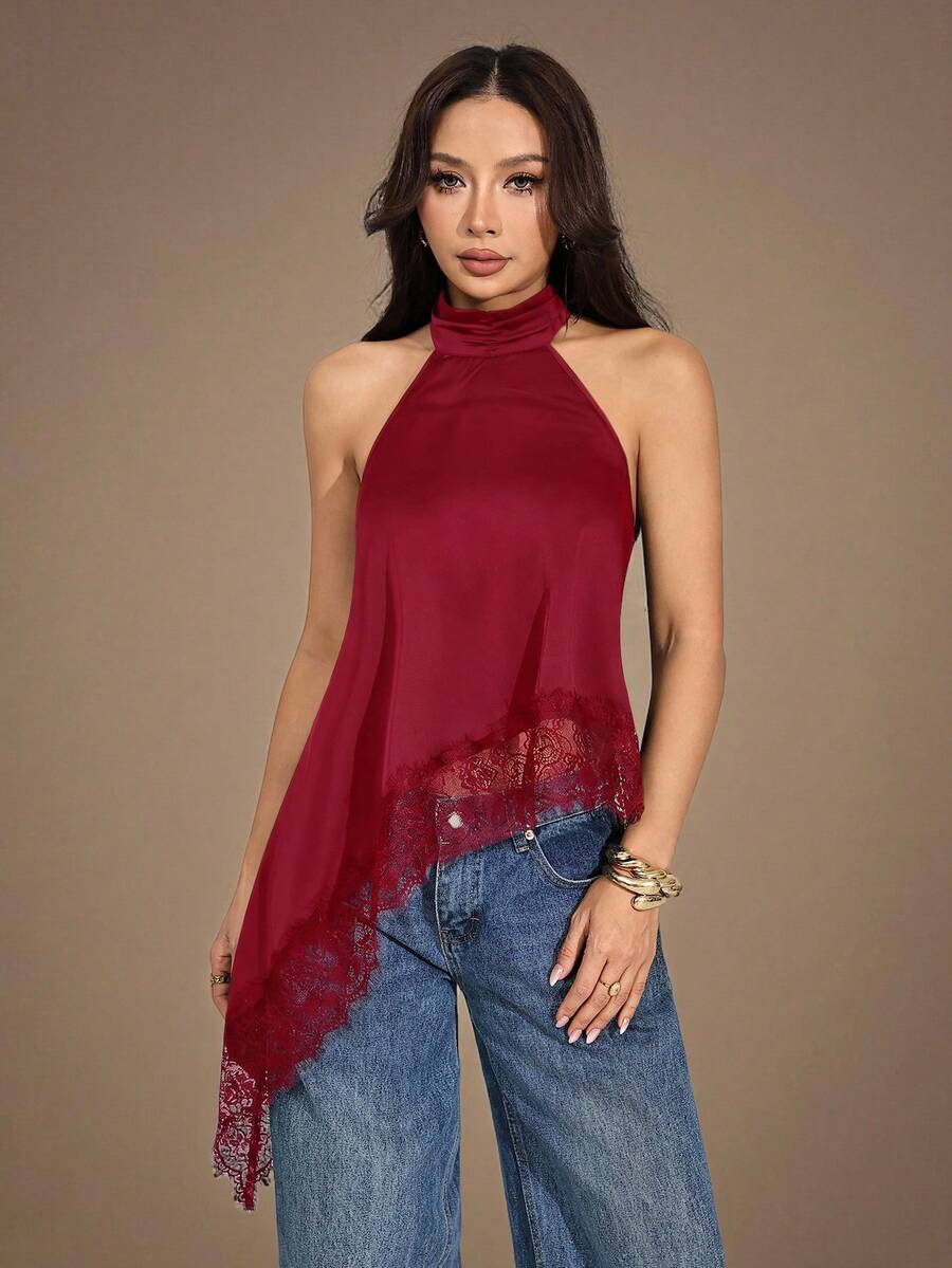 SHEIN PETITE 女款蕾絲飾邊掛脖休閒百搭日常外出上衣 - 紅色 - 查看 1