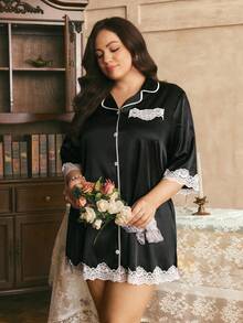 Côtesoire Southern French Elegant Mature Casual Contrast Color Lace Satin Open Front Plus Size Nightgown - Black - View 1