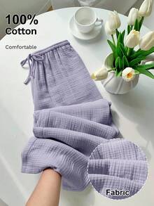 Comfortcana Plus Size Women Casual Vacation & Commute Solid Color Textured Fabric Drawstring Waist Wide Leg Pants Fall - Mauve Purple - View 1