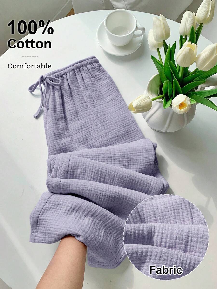 Comfortcana Plus Size Women Casual Vacation & Commute Solid Color Textured Fabric Drawstring Waist Wide Leg Pants Fall - Mauve Purple - View 1