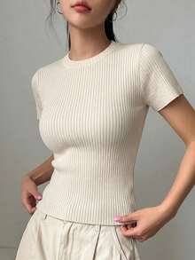 DAZY Camiseta de punto acanalado de unicolor con cuello redondo y manga corta, ajuste ceñido, para mujer, ideal para ir al trabajo, vacaciones y uso en verano - Blanco - Ver 4