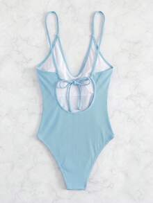 SHEIN Swim 度假海灘純色一件式泳衣 - 淺藍色 - 查看 2