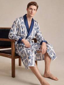 EverLounge Jubah Santai Pria Motif Buah Hijau yang Modis - Blue and White - View 1