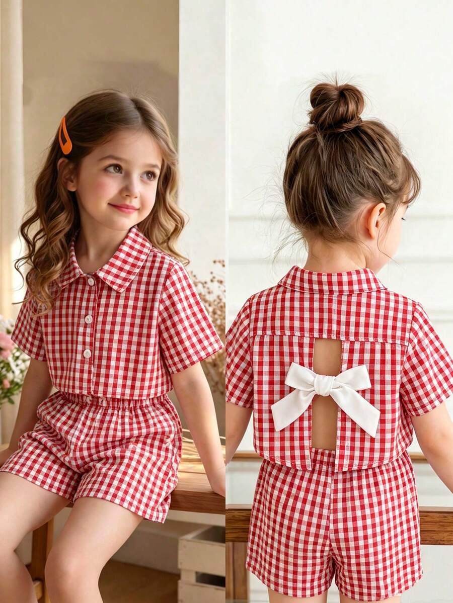 2026 女童幼兒超可愛夏季套裝，格紋印花雛菊上衣 + 短褲 2件組 - 紅色 - 查看 1