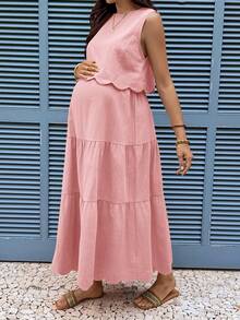 Boho Mama Maternity Vacation Casual Solid Color Tank Top & Skirt 2 Pieces Set - Dusty Pink - View 7