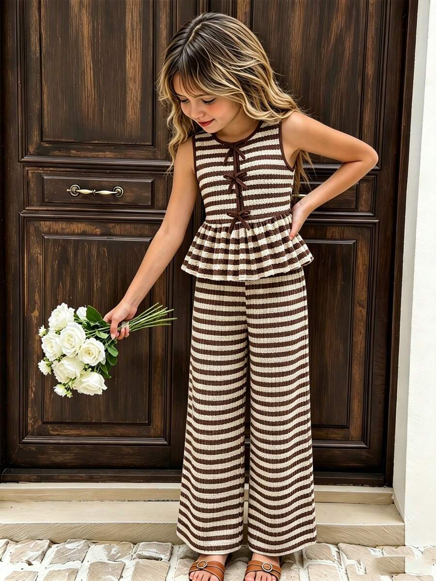 Elladie kids Tween Girl Bow Button Ruffle Hem Tank Top And Long Pants 2pcs Set - Brown - View 1