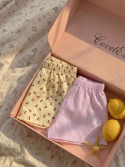 CovetEZ 2pcs/Set Women Casual Cute Cherry Print Beige Pink And White Striped Checkered Comfortable Shorts Set Summer Vacation Sleep Home