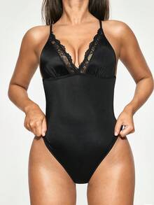 SHAPORA Bodysuit Wanita Warna Polos dengan Hiasan Renda dan Potongan V Dalam - Hitam - View 8