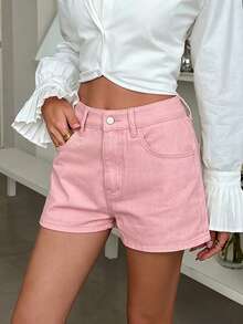 DAZY Spring/Summer Women's Casual Solid Color Washed Shorts - Pink - View 5