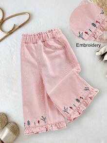 LMoss Kids 女嬰花卉刺繡口袋休閒寬鬆牛仔褲 - 粉色 - 查看 1
