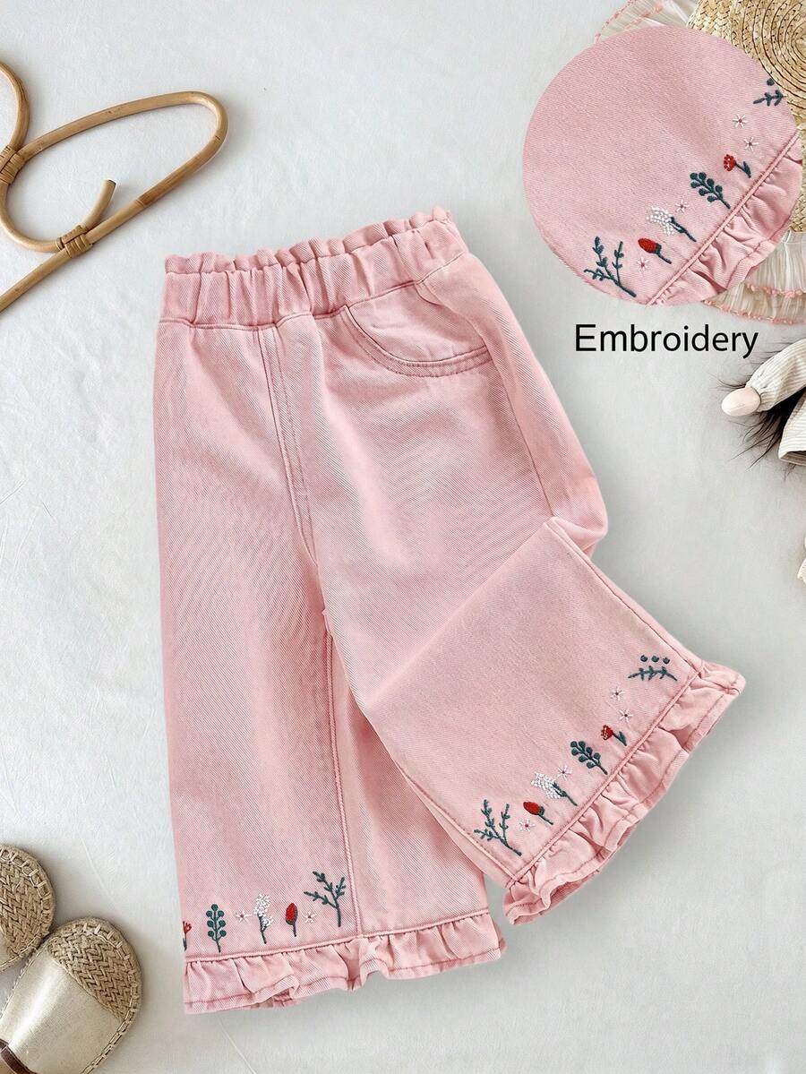 LMoss Kids 女嬰花卉刺繡口袋休閒寬鬆牛仔褲 - 粉色 - 查看 1