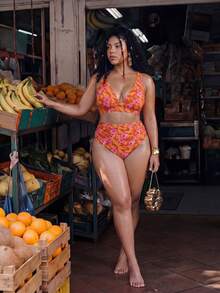 Swim Mod 2026 New Summer Plus Size Women 2pcs Set Random Print High Waist Triangle Bikini Bottom Ruched Casual Swimsuit - Orange - View 5