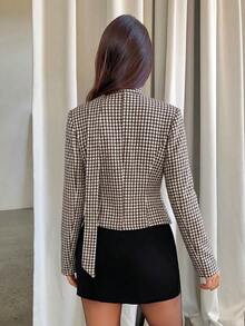Aloruh 現代休閒通勤風 緞帶裝飾深V領格紋咖啡棕短版女款西裝外套 - 咖啡棕 - 查看 3