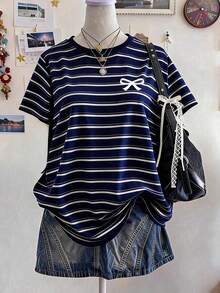 青少年女孩數位皇家藍條紋蝴蝶結圖案短袖春夏休閒舒適時尚百搭服飾，適合戶外運動、戶外野餐、街拍、居家、校園、節慶、禮物，美式復古風格女孩款 - 彩色 - 查看 1