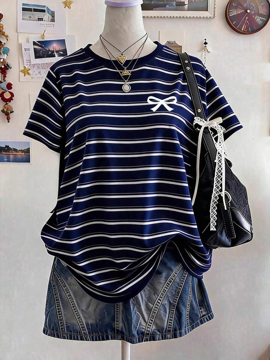 青少年女孩數位皇家藍條紋蝴蝶結圖案短袖春夏休閒舒適時尚百搭服飾,適合戶外運動、戶外野餐、街拍、居家、校園、節慶、禮物,美式復古風格女孩款 - 彩色 - 查看 1