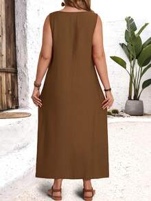 EMERY ROSE Vestido minimalista de talla grande sin mangas con bolsillos y botones de unicolor - Marrón Mocha - Ver 2