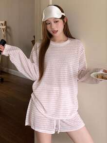 DAZY Conjunto de Pijama Loungewear Feminino com Top de Manga Longa Listrado e Shorts - Rosa chiclete - Visão 8