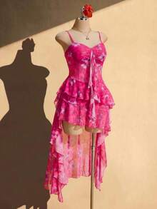 SHEIN ICON Plus Size Black V-Neck Ruffle Trim Front Short Back Long Cami Dress, Y2K Sexy Ruffle Cami Dress - Hot Pink - View 11