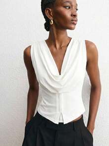 ATUI Studio Women's White Cowl Neck Ruched Waist Top - Elegant Chic Fitted Blouse, Versatile Staple For Summer Beach Going Out Office Night Out Date, Party - White - View 1