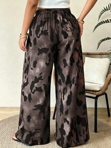 Weeklong Pantalones largos holgados de pierna ancha y cintura alta con estampado de leopardo para mujer talla grande, primavera/verano - Marrón Mocha - Ver 2