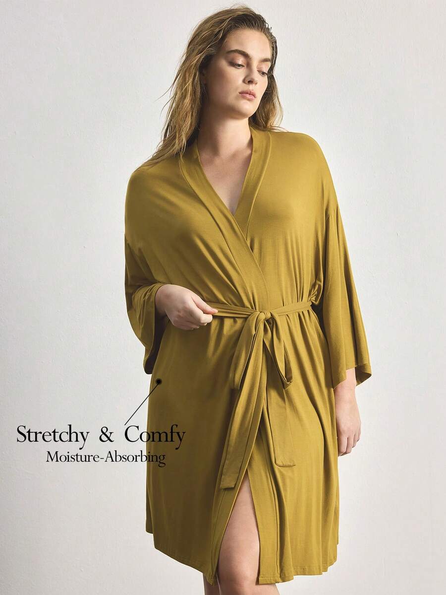 Ocili Plus Size Leisure Ultra Soft Robe, Silky & Breathable, Pairs Well With All Basics - Mustard Yellow - View 1