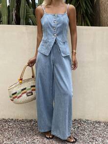 Livesso Women's Casual Denim Set With Bandeau Top, Split Hem, Cinched Waist And Long Pants Vacation Summer Light Blue - Blue - View 7