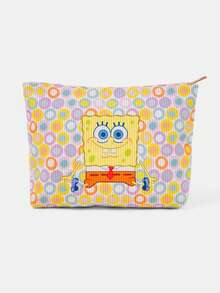 SpongeBob SquarePants | SHEIN 1個卡通印花燈芯絨拉鍊化妝包，輕便多功能內襯化妝收納袋 - 波點 - 查看 1