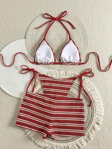 Bonvoyette Women's Summer Beach Simple Elegant Romantic Casual Vacation Sexy Sweet Cute Fashionable Swimsuit Set, All-Match Versatile Striped Textured Fabric, Bikini Three-Piece Set With Boy Shorts, Contrast Beaded Decoration, Suitable For Beach, Resort, Spa, Music Festival, Honeymoon And Casual Vacation Occasions - Multicolor - View 5