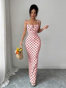 SHEIN Raffinéa 女款波點印花前綁帶修身優雅細肩帶洋裝 - 粉色 - 查看 4