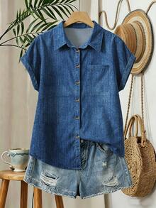 EMERY ROSE Plus Size Contrast Color Vertical Striped Collar Rolled Cuff Short Sleeve Shirt - Blue - View 3