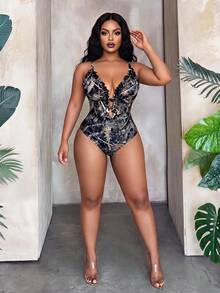 Maweii 2026 New Summer Beach Vacation Sexy Camouflage Tree Print, Ruffle Trim Plus Size One-Piece Swimsuit, Suitable For Vacation And Parties - Multicolor - View 4