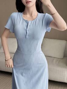 Feyla 女款圓領短袖鈕扣設計優雅中長洋裝 - 藍色 - 查看 9