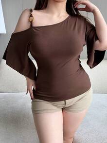 Dazy Plus Solid Color Slim Fit Open Shoulder Design Bell Sleeve Half Sleeve Elegant Brown Plus Size Women Spring Summer Autumn T-Shirt - Brown - View 5