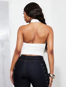 Denimoi Bodycon Halter Top Ruched Side Solid Color Top Fashion Tops Brunch Summer Tops - White - View 5