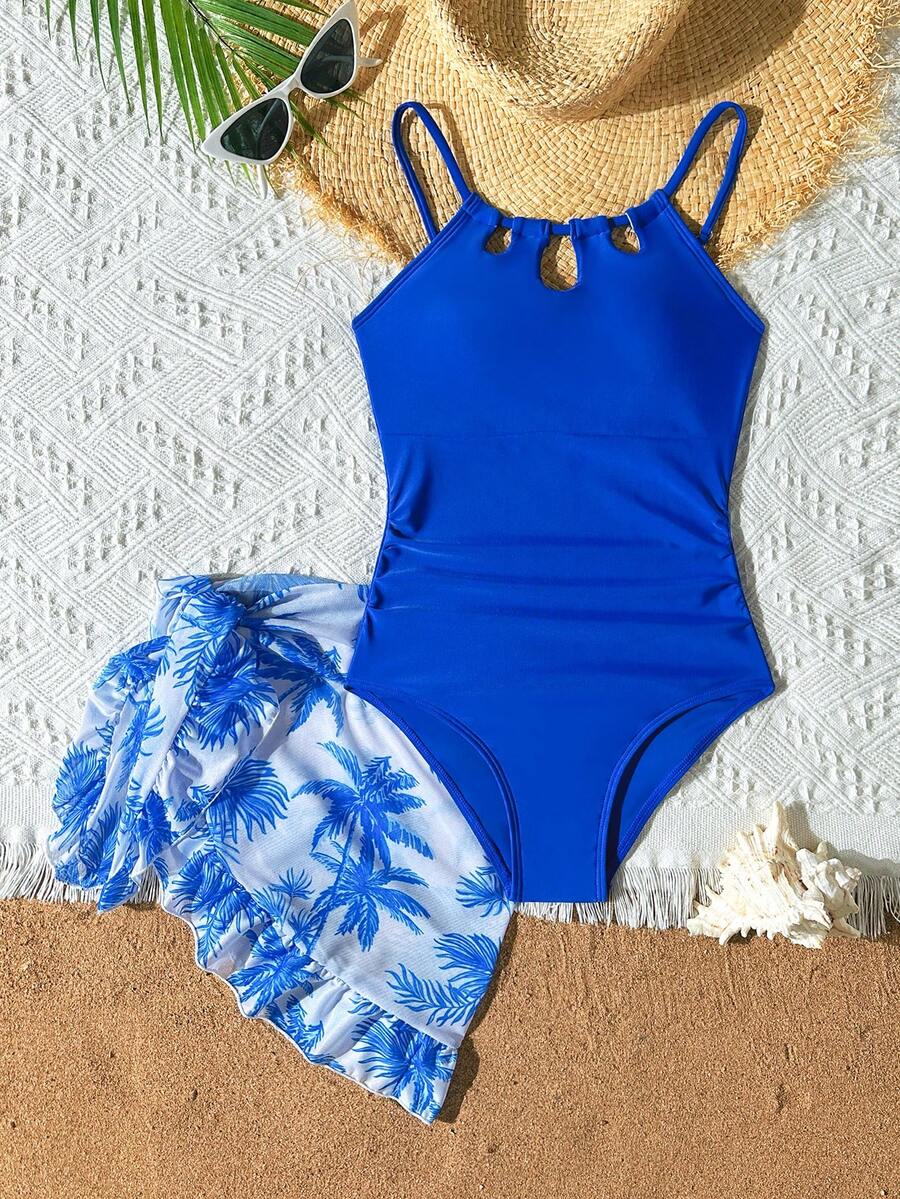 SHEIN Traje de baño de una pieza con falda y fruncido de unicolor para niña preadolescente, adecuado para vacaciones en la playa, fiesta en la piscina, fiesta en la playa - azul real - Ver 1