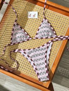 Swim Mod 2026春夏新款女款粉色與棕色拼色鉤編比基尼套裝，掛脖三角上衣附側綁帶，高衩三角泳褲，復古度假海灘泳衣套裝 - 彩色 - 查看 1