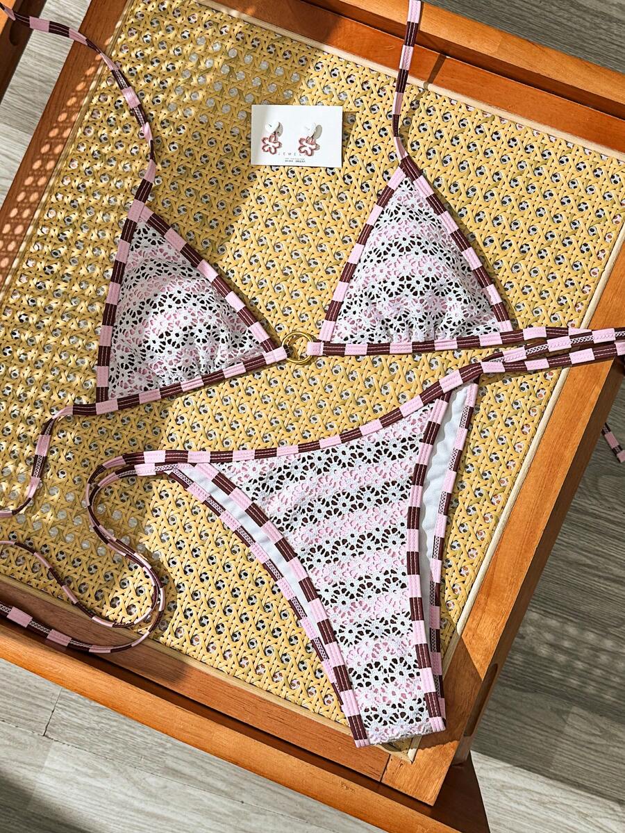 Swim Mod 2026春夏新款女款粉色與棕色拼色鉤編比基尼套裝,掛脖三角上衣附側綁帶,高衩三角泳褲,復古度假海灘泳衣套裝 - 彩色 - 查看 1