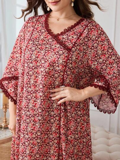 Al Najma Plus Size Loose Fit Korean Silk Floral Print Dress With Lace Trim On Neckline And Cuffs, Patchwork Front Panel With Drawstring, Casual Elegant Style, Suitable For Spring/Summer Daily Wear And Gatherings