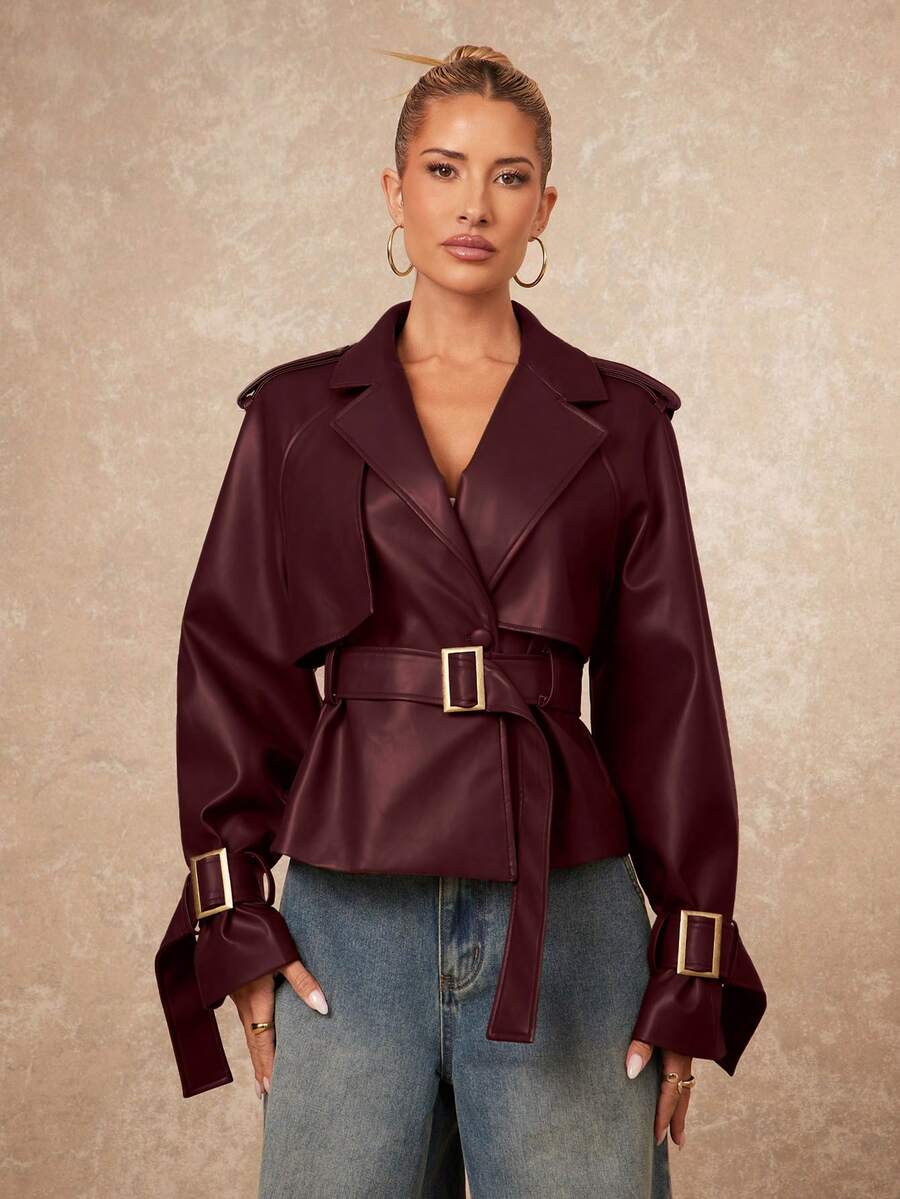 Lumalex Women's Solid Color Lapel NeckRaglan Sleeve Casual Trench Coat Jacket - Burgundy - View 1