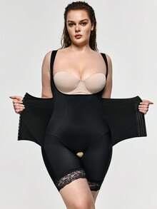 SHAPORA Combinaison pour femmes grandes tailles de couleur unie, style minimaliste avec patchwork en dentelle - Noir - Voir 3