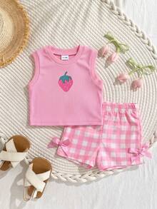 SHEIN Playful Pals 女婴夏季蓝色纹理无袖上衣和蓝色格子短裤套装，饰有蓝色蝴蝶结，日常必备单品 - 粉色 - 查看 3