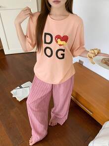DAZY 2pcs/Set Women's Summer Pajama Set, Loose Short Sleeve T-Shirt With English Graphic Print & Striped Straight Leg Long Pants - Pink - View 6