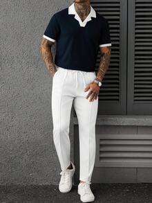 Manfinity CasualCool Men's Plus Size Colorblock Short Sleeve Polo Shirt And Long Pants Casual Daily Set - Navy Blue - View 4