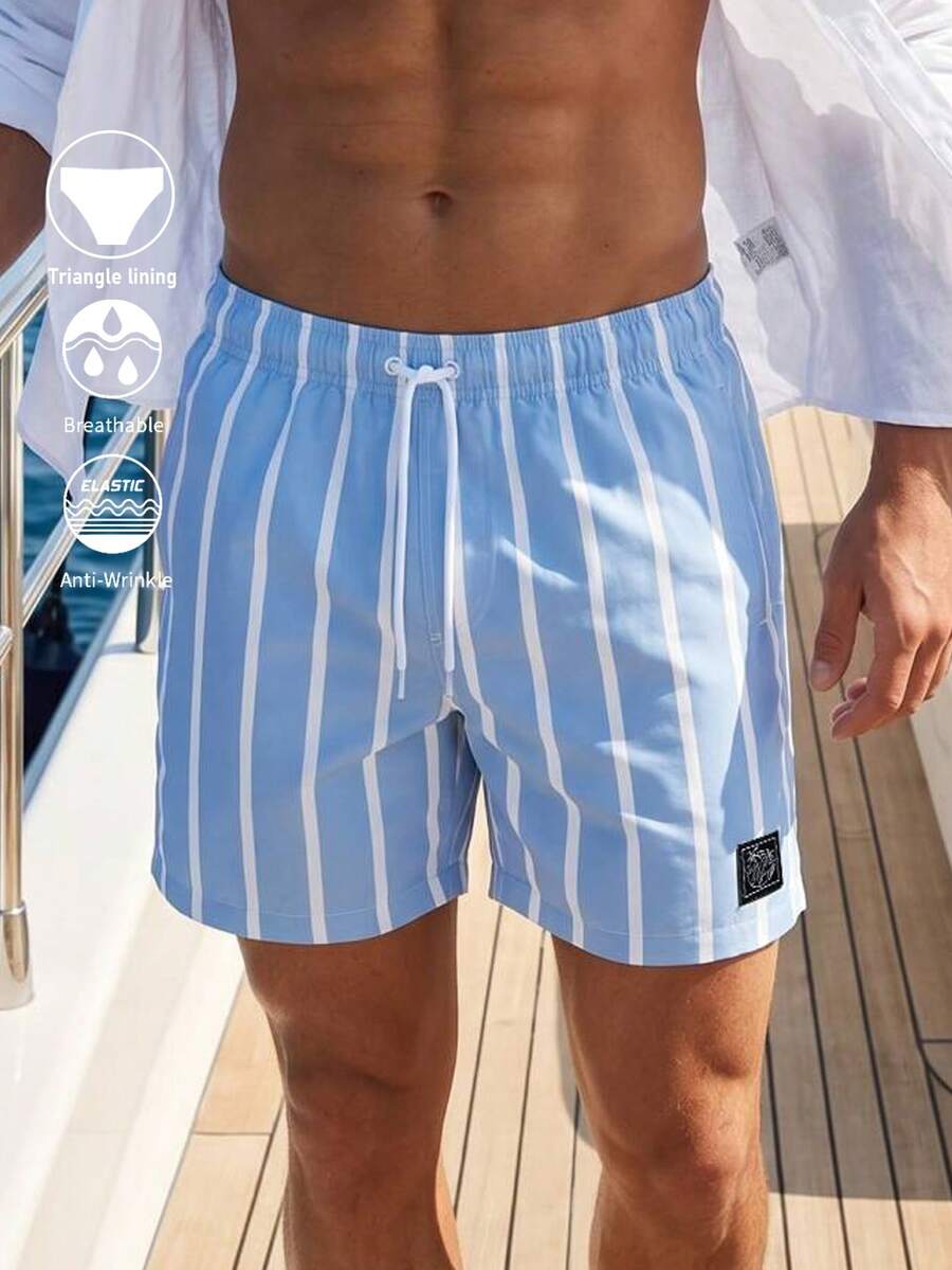 Palasendo Men's Palm Tree & Striped Drawstring Waist Beach Shorts, Holiday - Baby Blue - View 1