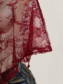 SHEIN ICON Women's Plus Size Lace One Shoulder Asymmetrical Hem Cover-Up Top - Burgundy - View 5