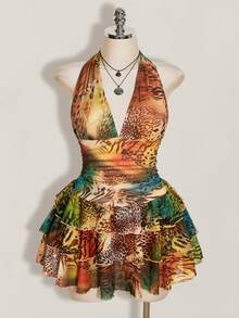 SHEIN ICON Plus Size Leopard Print Halter Neck Tie Waist Ruched Multi-Layered Tiered Mesh Dress - Multicolor - View 4