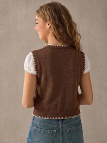 WESTFADE Cowboy Boot Contrast Stitch Sweater Vest Top, Country Style For Women - Coffee Brown - View 2