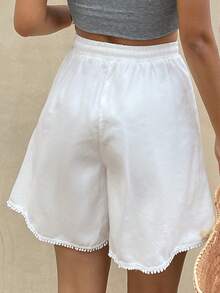 Livesso Women's Casual All-Match Vacation Commute Drawstring Waist Loose Wide Leg Solid Color Denim Shorts, Versatile Summer Beach Holiday All White - White - View 4